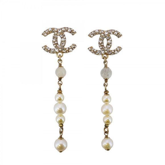 CHANEL Gold Pearl Logo Earrings - Picture 1 of 7